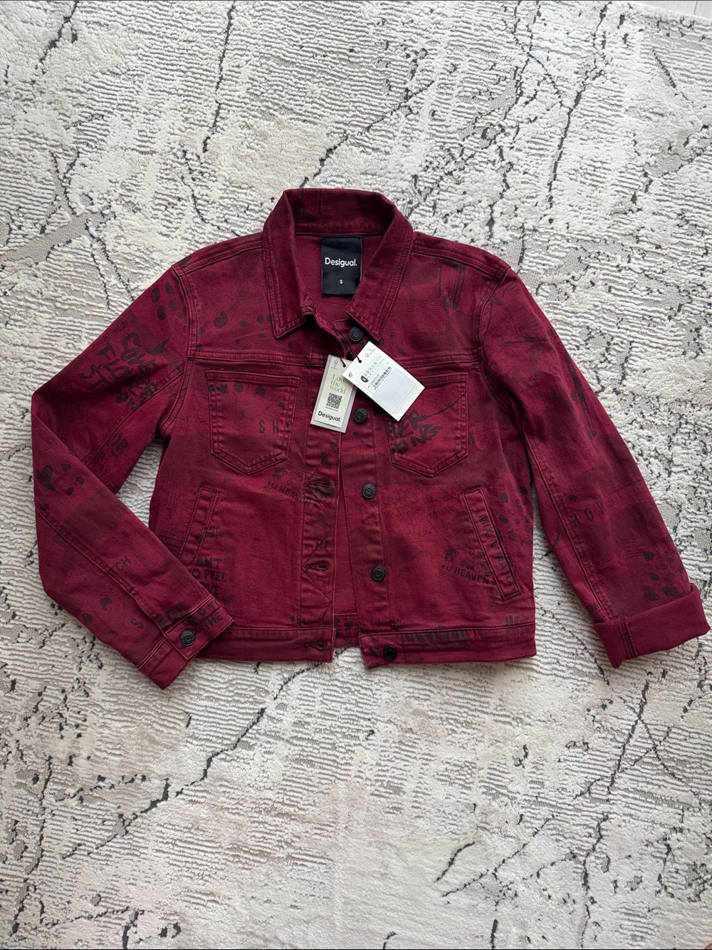 Desigual Red Burgundy Denim Jacket with Black Prints